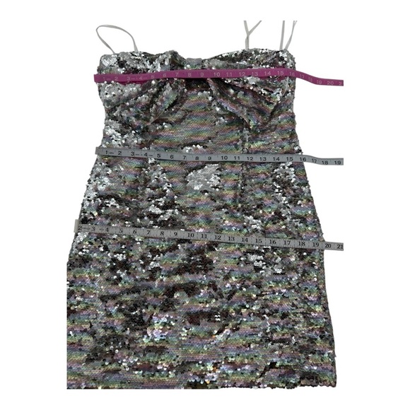 Avec Les Filles Silver Rainbow Bow Embellished Strapless Sequin Mini Dress - Picture 8 of 11